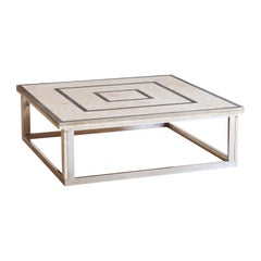 Quadratischer Couchtisch aus Chrom + Travertin, Frankreich 1970er Jahre