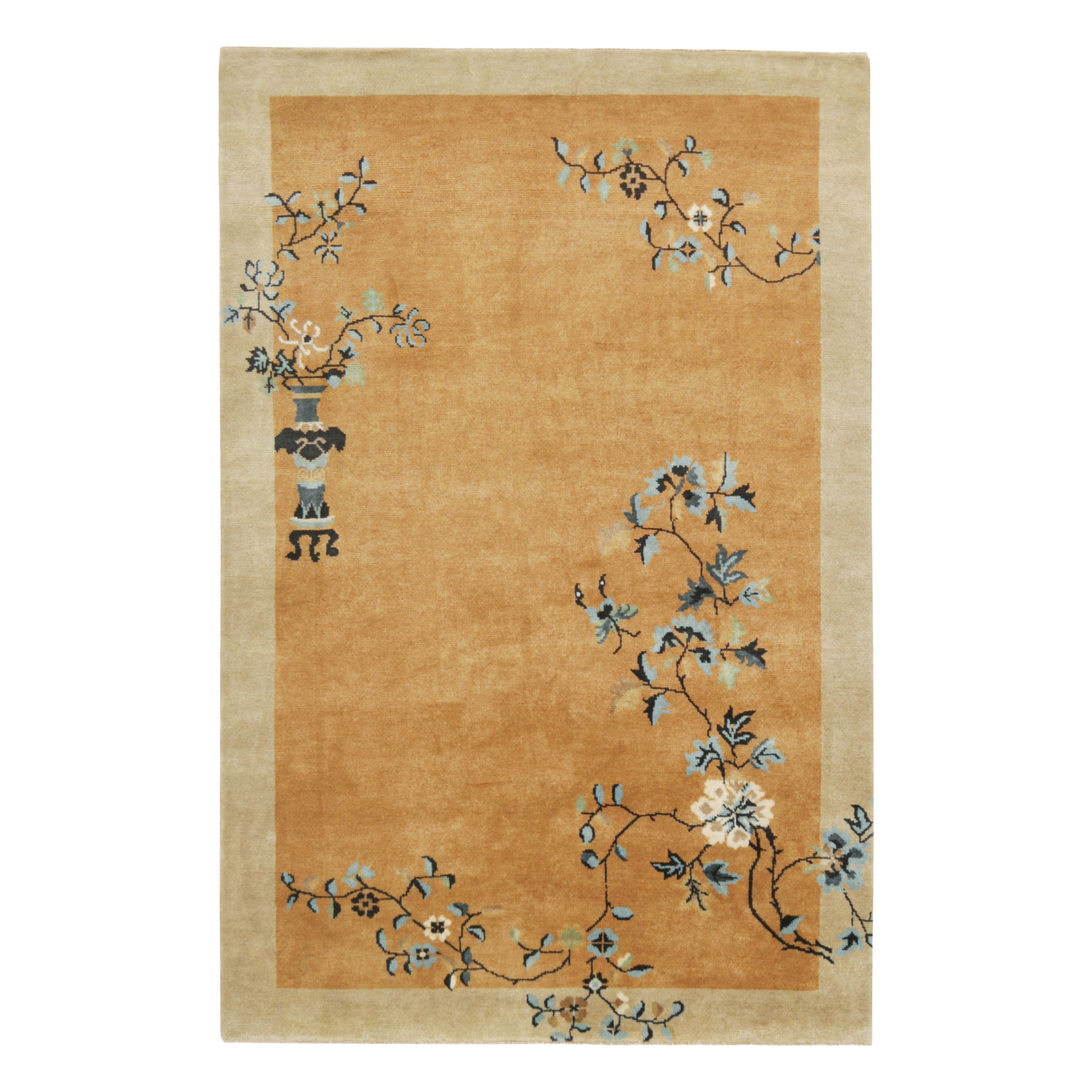 Rug & Kilim’s Chinese Art Deco Style Rug in Gold with Floral Patterns For Sale