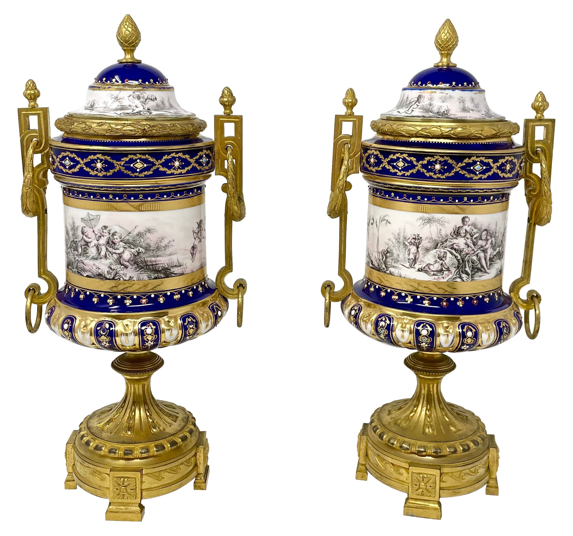 Pair Antique French Napoleon III "Jeweled" Porcelain & Gold Bronze Urns, Ca 1875 For Sale