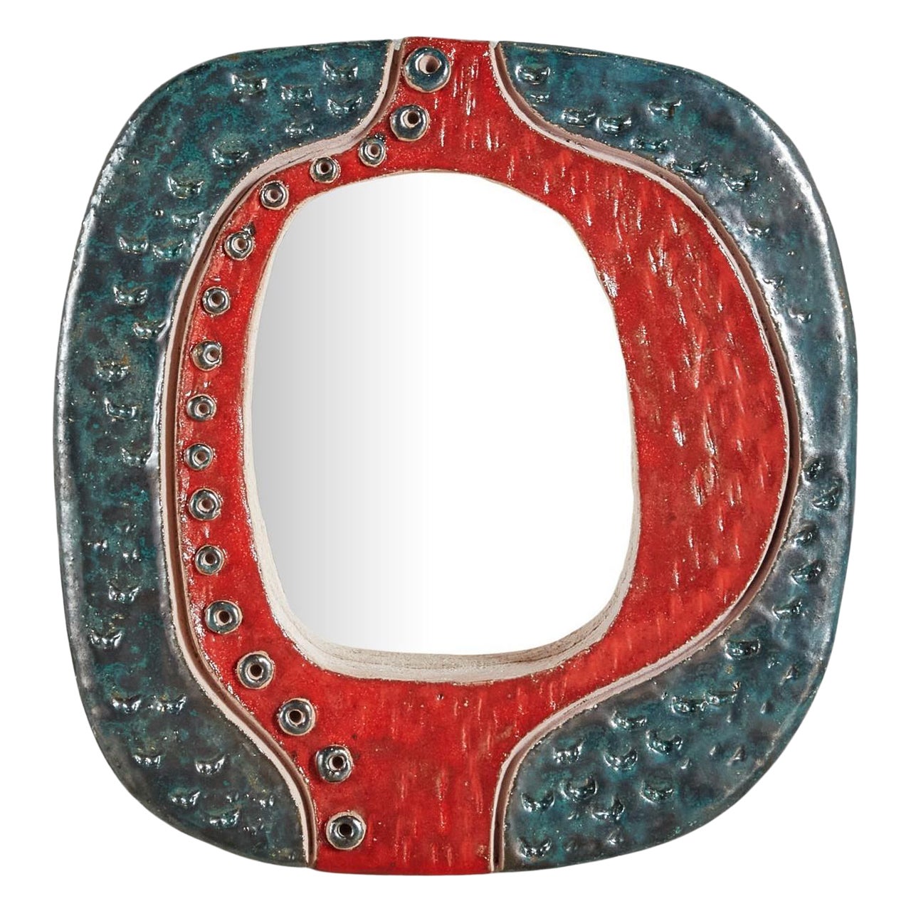 Red + Blue Ceramic Mirror by Nathalie Soufflet, France 21st Century