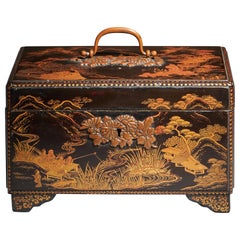 Antique Rare 18th Century George III Lacquer Tea Caddy with Original Lacquer Canisters