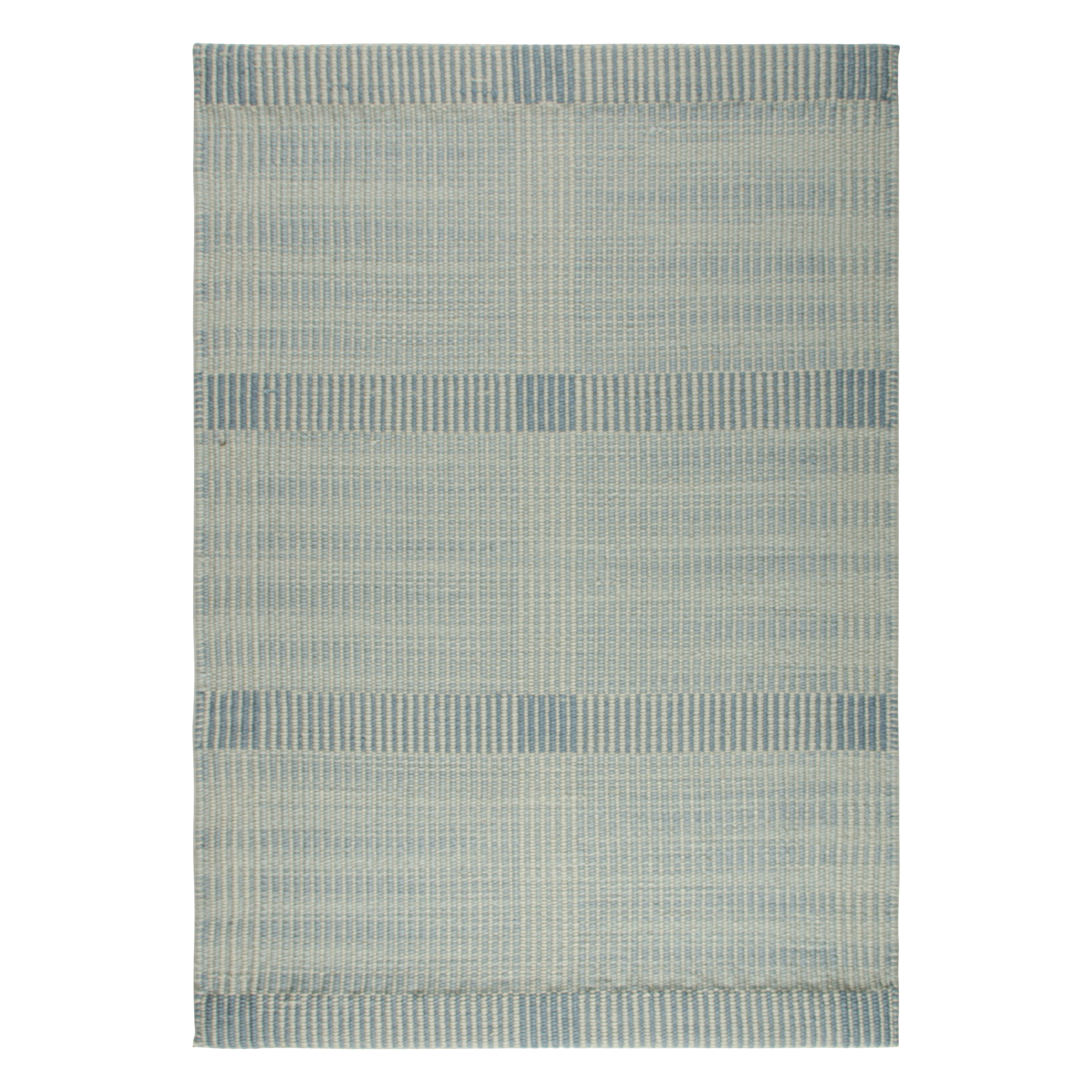 Rug & Kilim’s Modern Flatweave Rug in Blue and Cream with Geometric Patterns