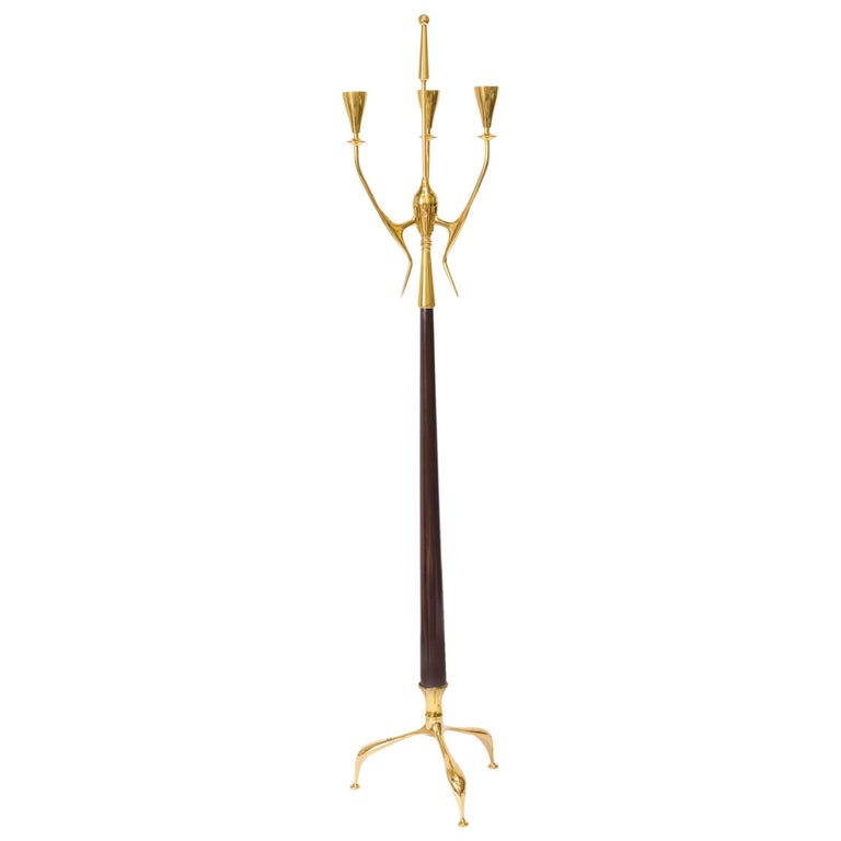 Italian Brass and Wood Floor Lamp For Sale at 1stDibs