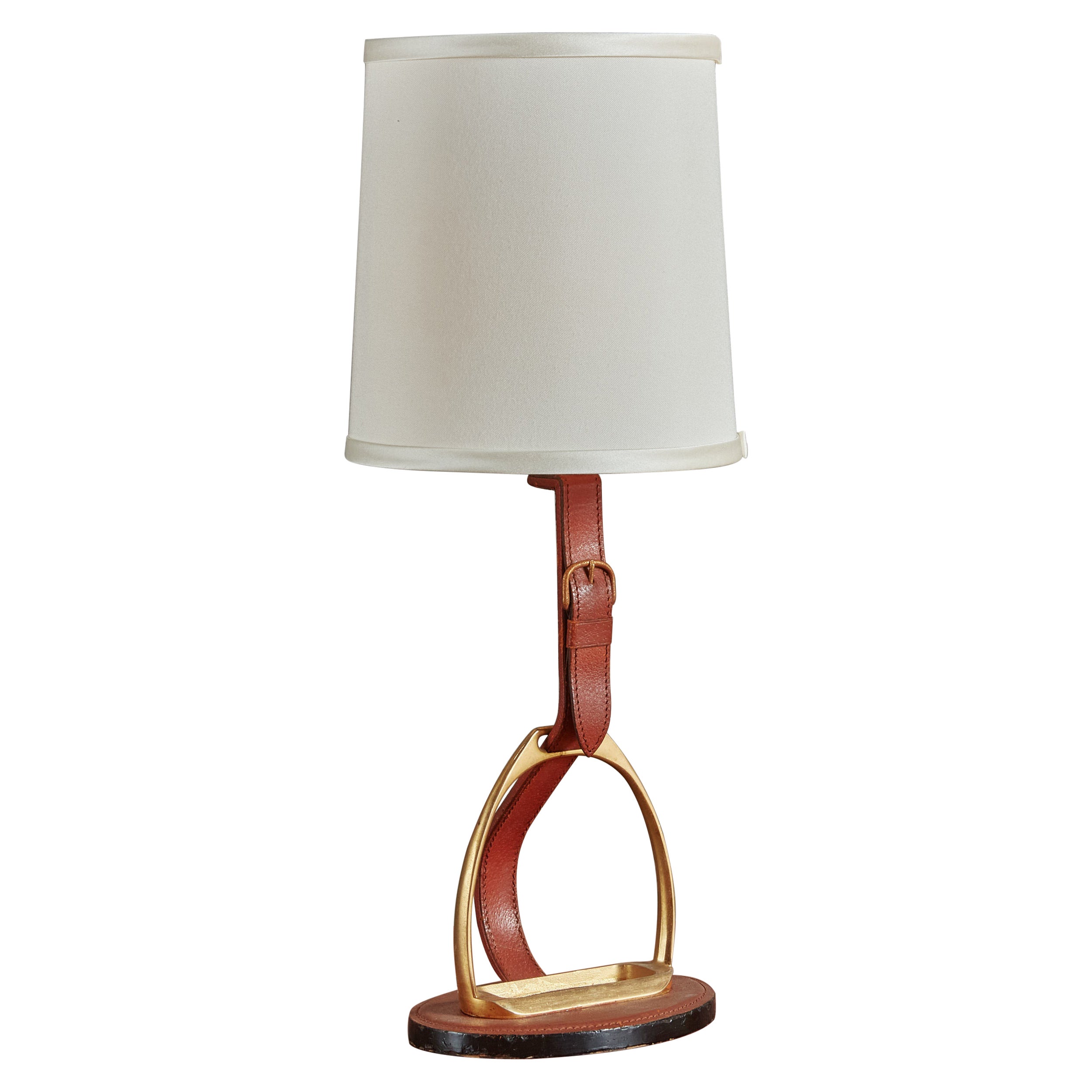Leather + Brass Table Lamp by Longchamp, France 1950s