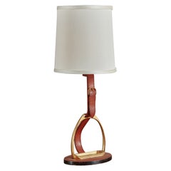 Tischlampe aus Leder + Messing von Longchamp, Frankreich 1950er Jahre