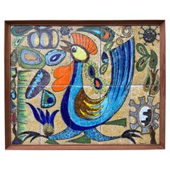 Piastrella d'arte con gallo in ceramica incorniciata, Francia, anni '50