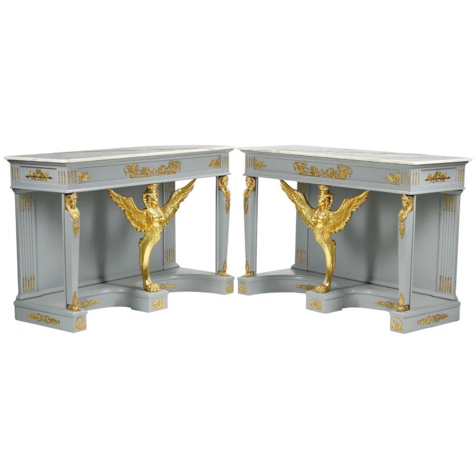 Neoclassical Empire Marble Top Ormolu Mounted Gray and Gilt Console Tables, Pair