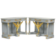 Tavoli da console neoclassici Impero con piano in marmo e montatura in ormù, grigio e dorato, coppia