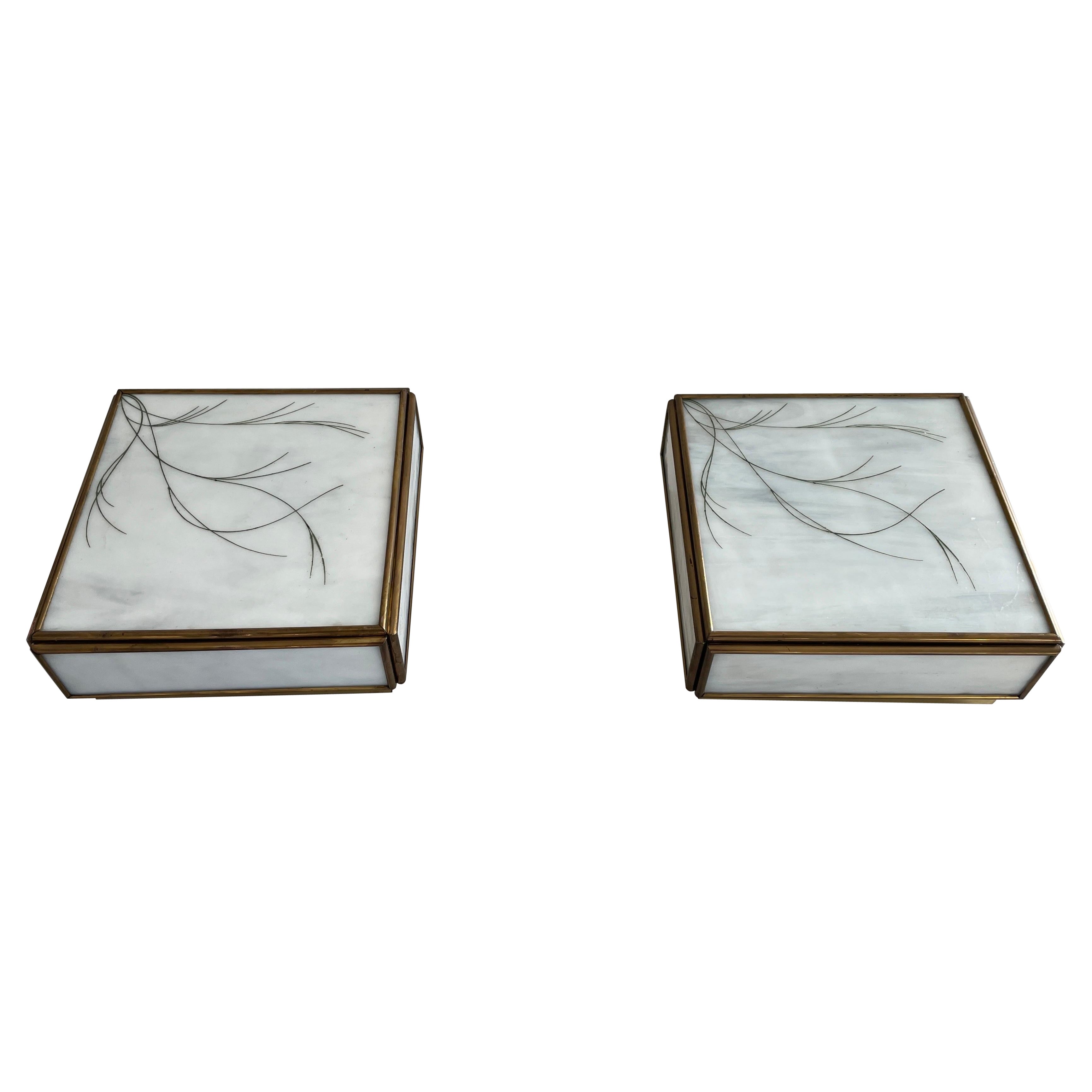 Square Shape Glass and Brass Pair of Wall Lamps, 1960s, Italy For Sale