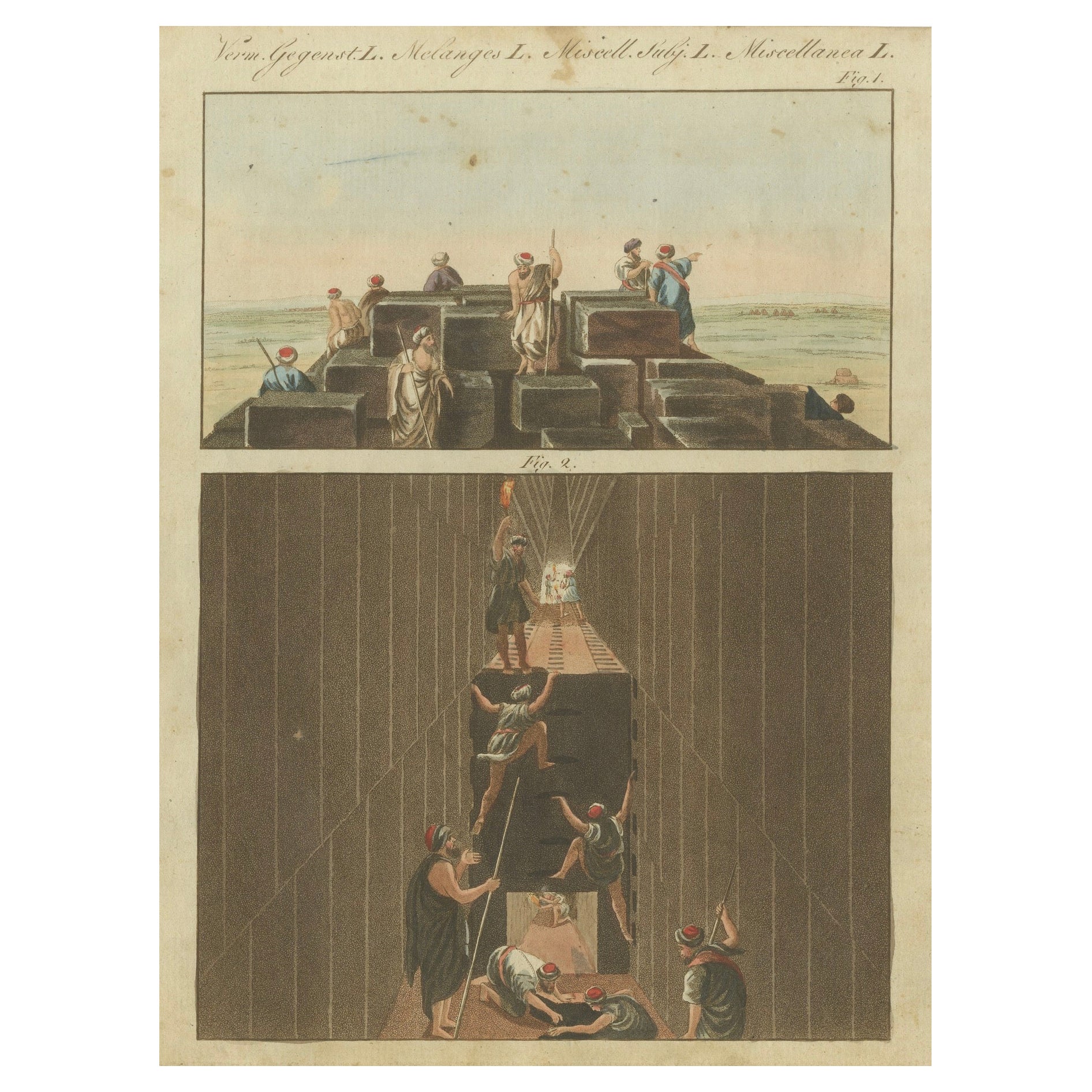 1805 Incisione colorata a mano della costruzione di un'antica piramide dall'opera di Bertuch