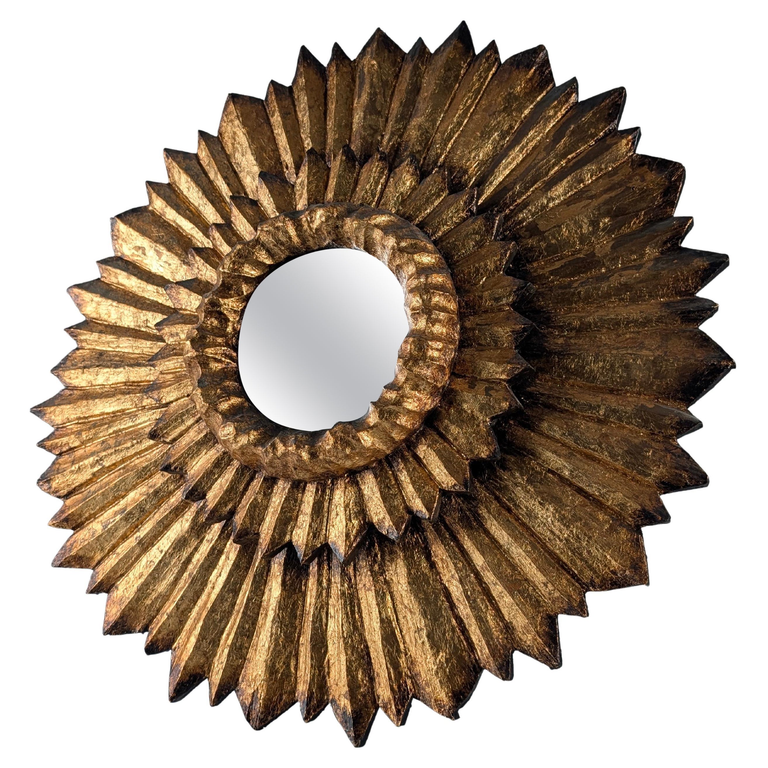 Doppelschichtiger Sunburst-Spiegel aus Holz und Blattgold im Angebot