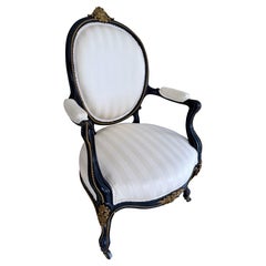 Antique French Napolean 19th Century Ebonized Black and Ivory Salon Armchair