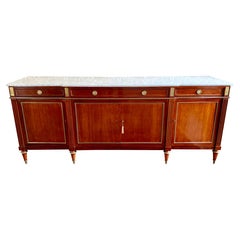 French Louis XVI Style Bronze Mounted Marble Top Mahogany Sideboard Credenza