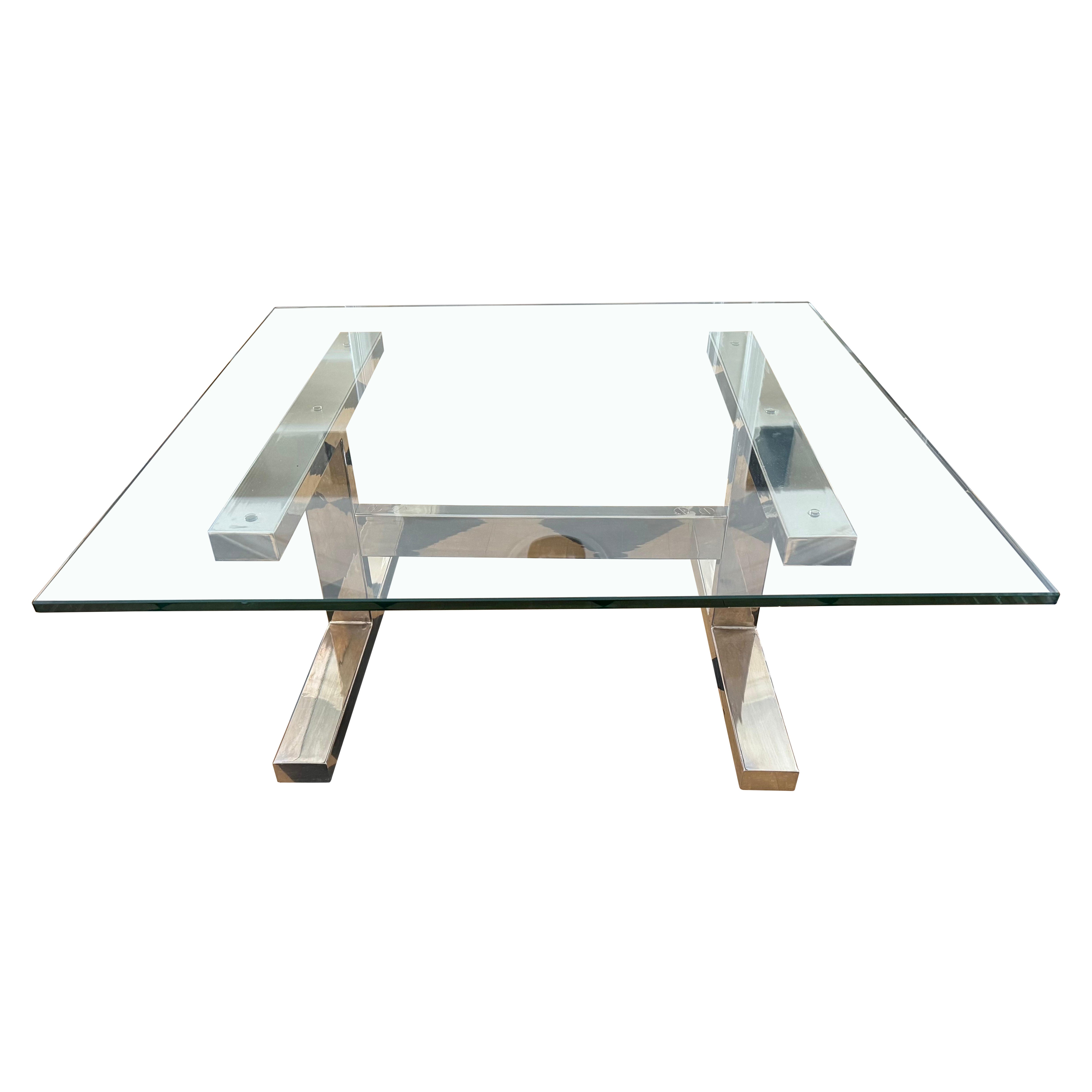 Table basse cocktail d'époque réelle en verre et chrome du milieu du siècle dernier