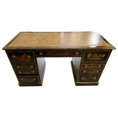 French 19th Century Chinoiserie Kneehole Handpainted Writing Desk Table 9 Drawer