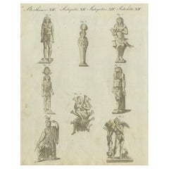 Detaillierter Kupferstich von 1805 mit antiken Statuen und Gottheiten aus Bertuchs Werk