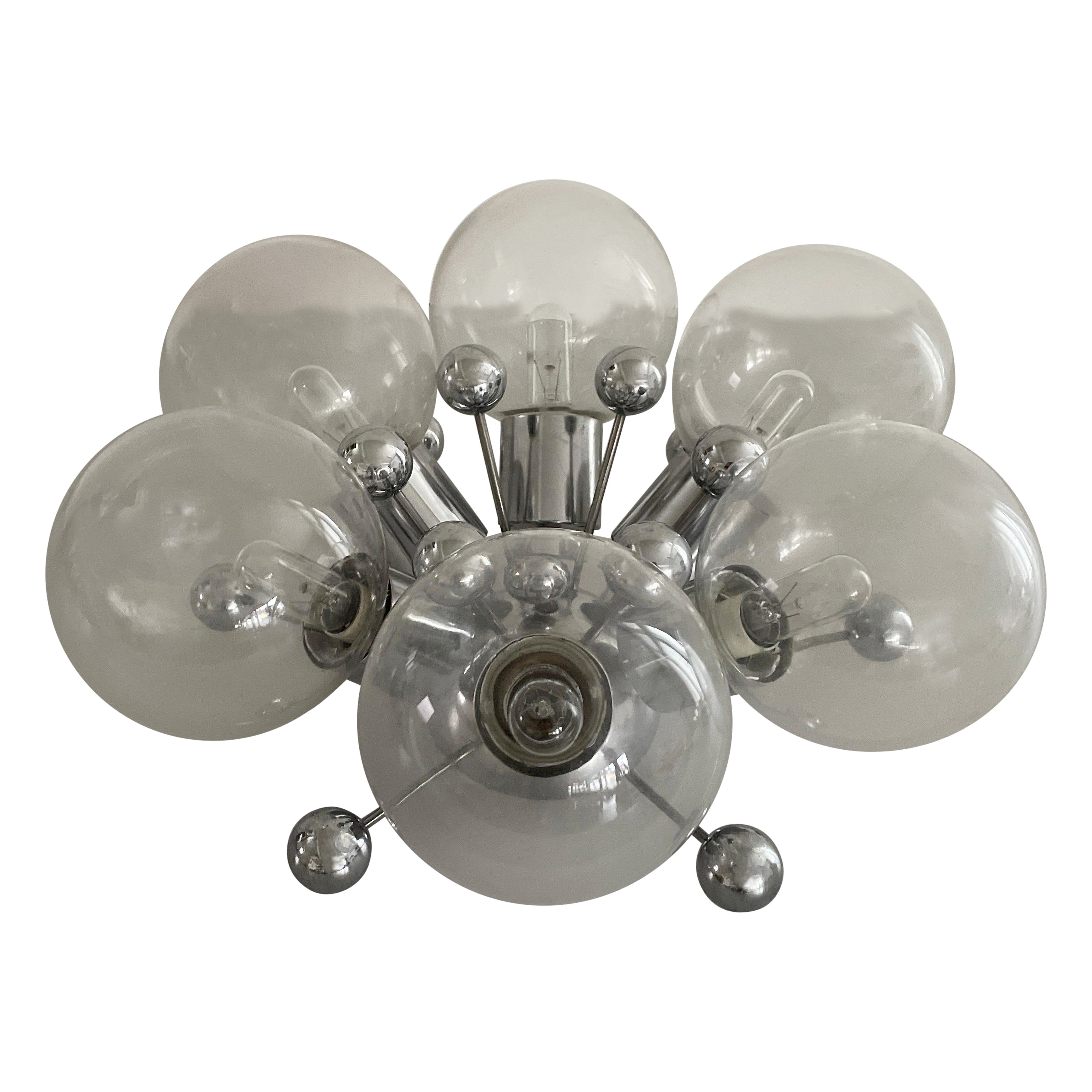 6-Kugelglas- und Chrom- Atomic-Einbaubeleuchtung, 1960er Jahre, Italien