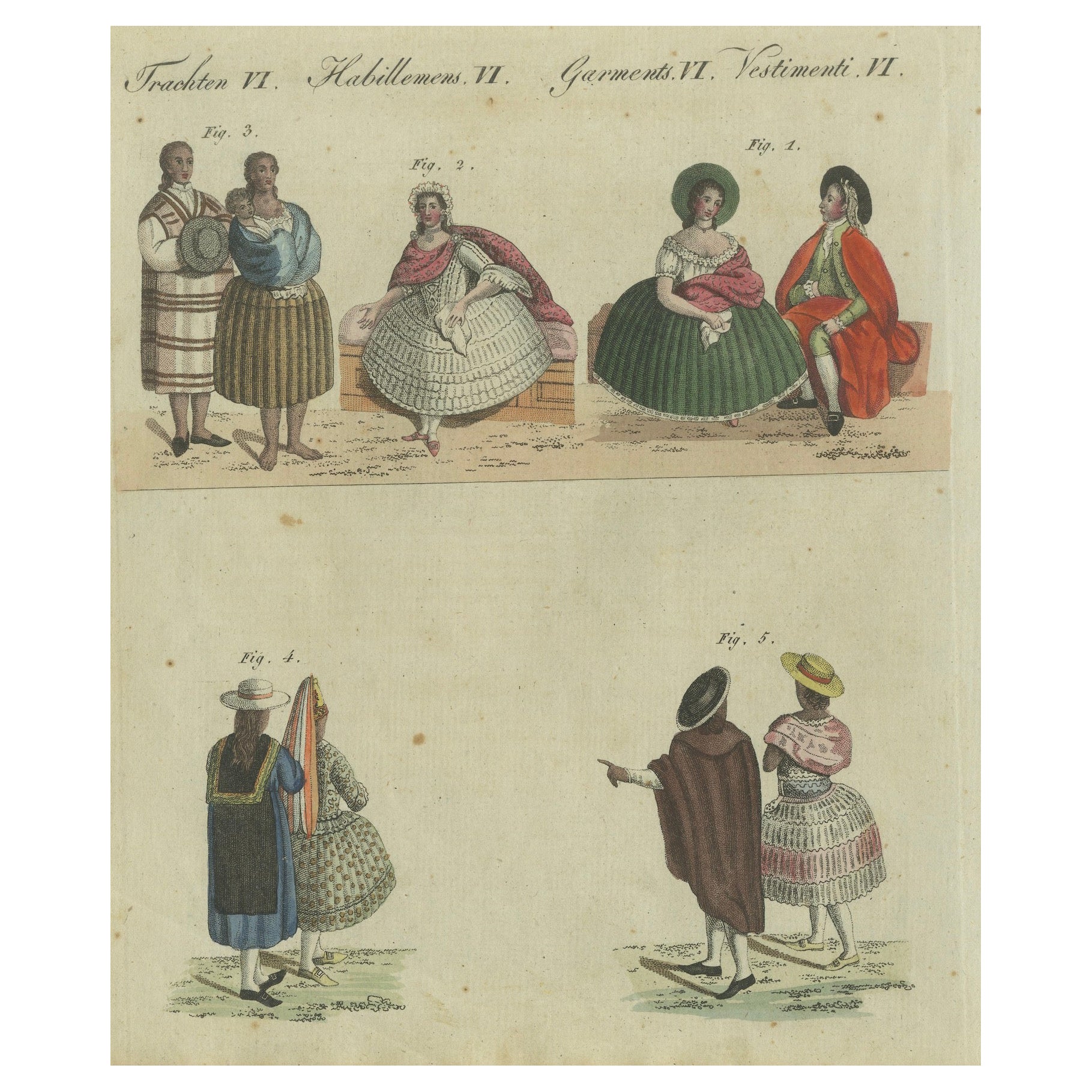 Trajes elegantes del Perú del siglo XVIII: grabado coloreado a mano de Bertuch, 1805