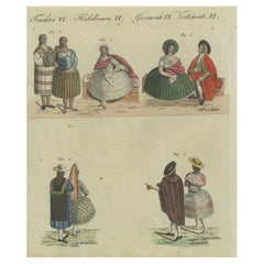 Trajes elegantes del Perú del siglo XVIII: grabado coloreado a mano de Bertuch, 1805