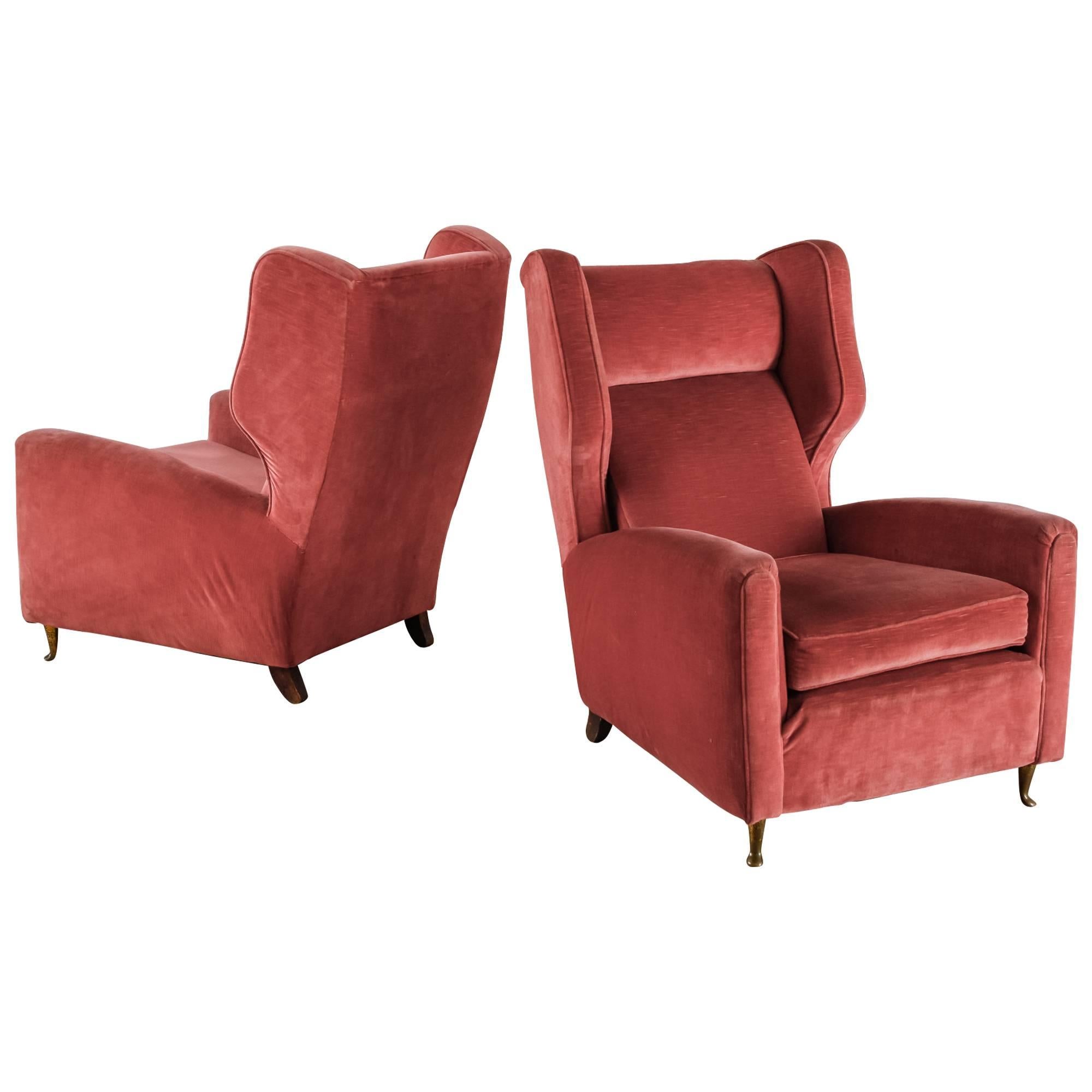 Paolo Buffa Pair of Coral Red Wingback Lounge Chairs, Italy, 1940s For Sale