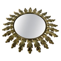 Vintage Sunburst Wall Mirror in Solid Oak Leaves Metal Frame, Belgium, 1950s