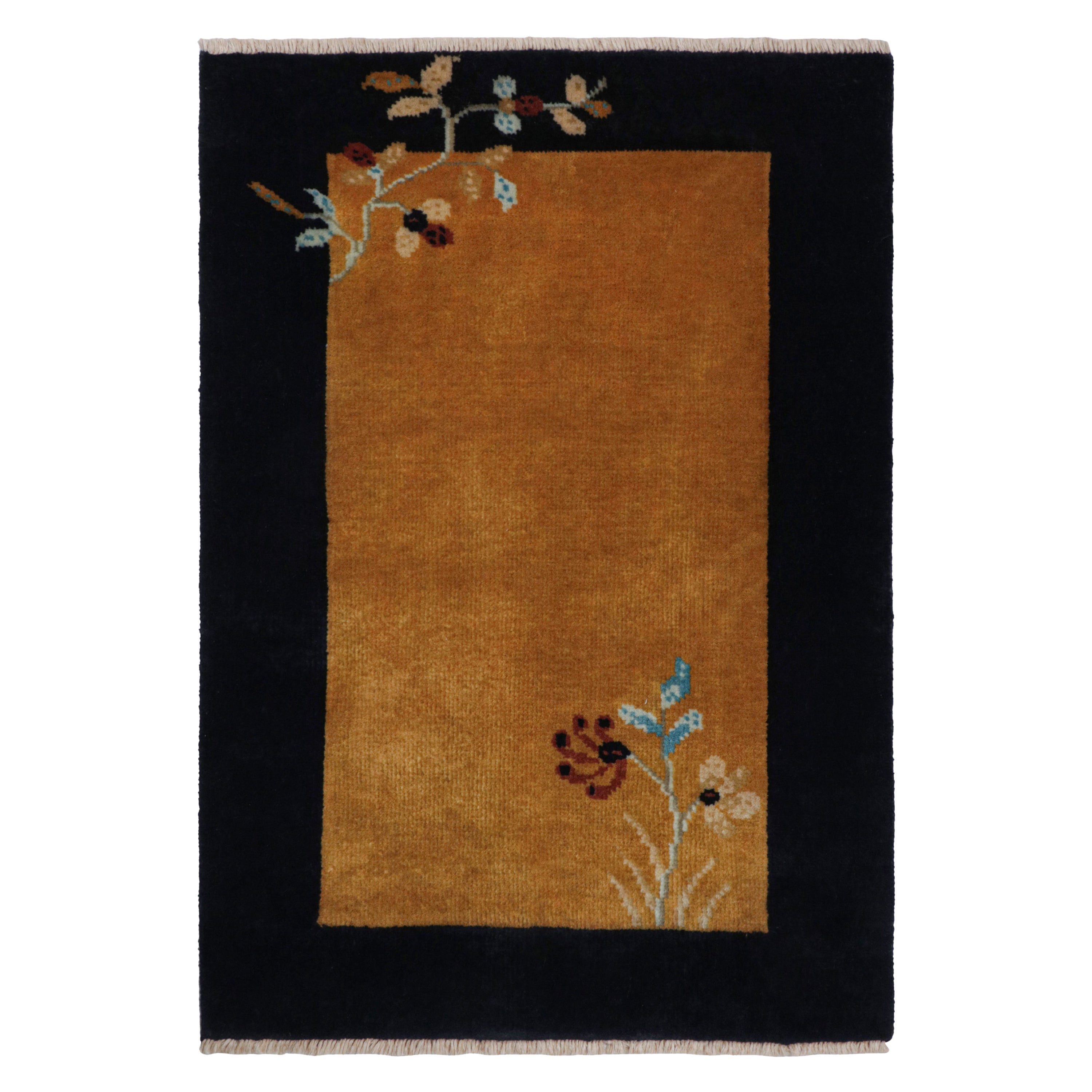 Rug & Kilim’s Chinese Art Deco Style Scatter Rug in Gold and Midnight Blue For Sale