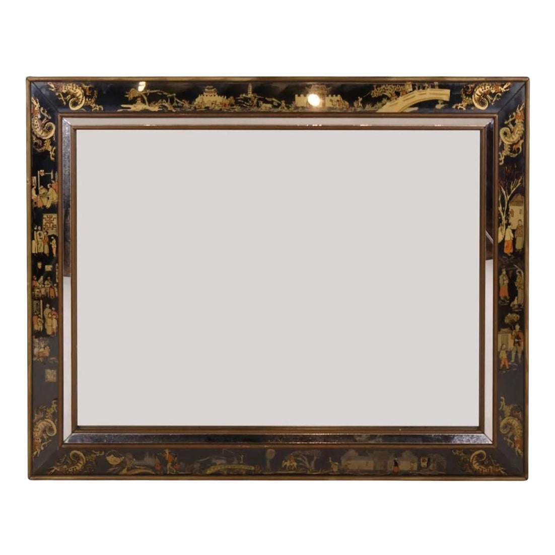 Black Eglomise Mirror With Asian Designs For Sale