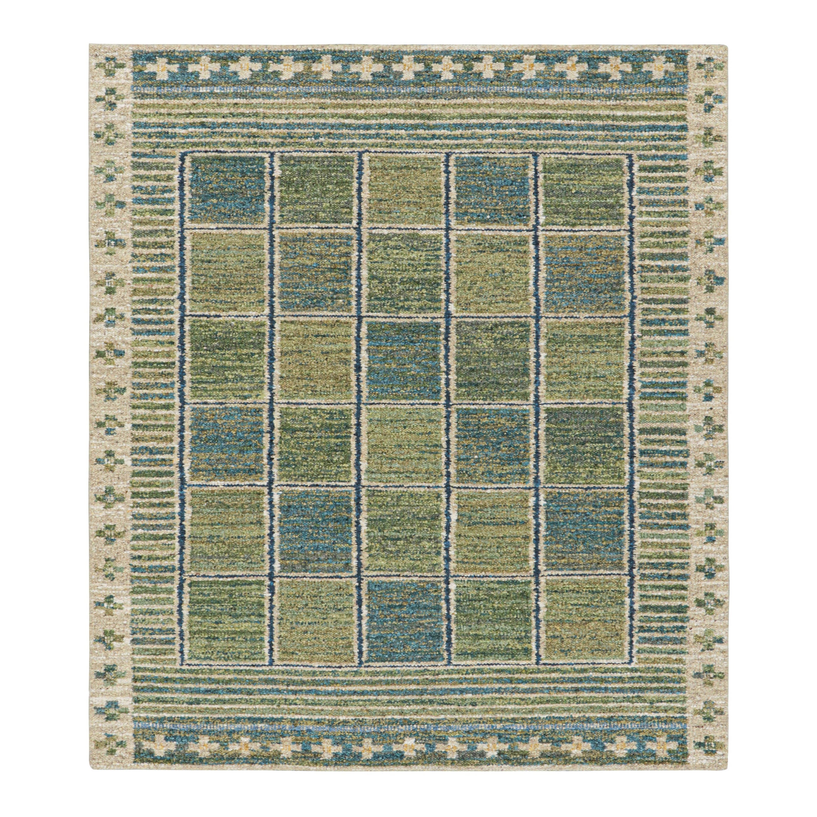 Rug & Kilim's Scandinavian Style Rug in Green and Blue with Geometric Patterns