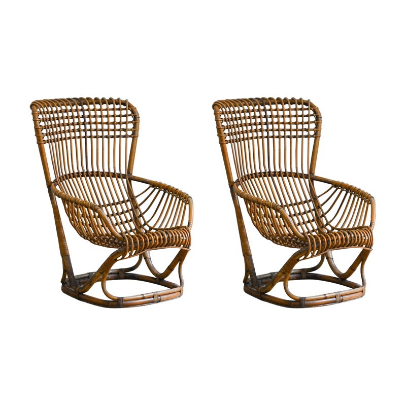 Paire de fauteuils B4 en osier et bambou de Tito Agnoli, 1970