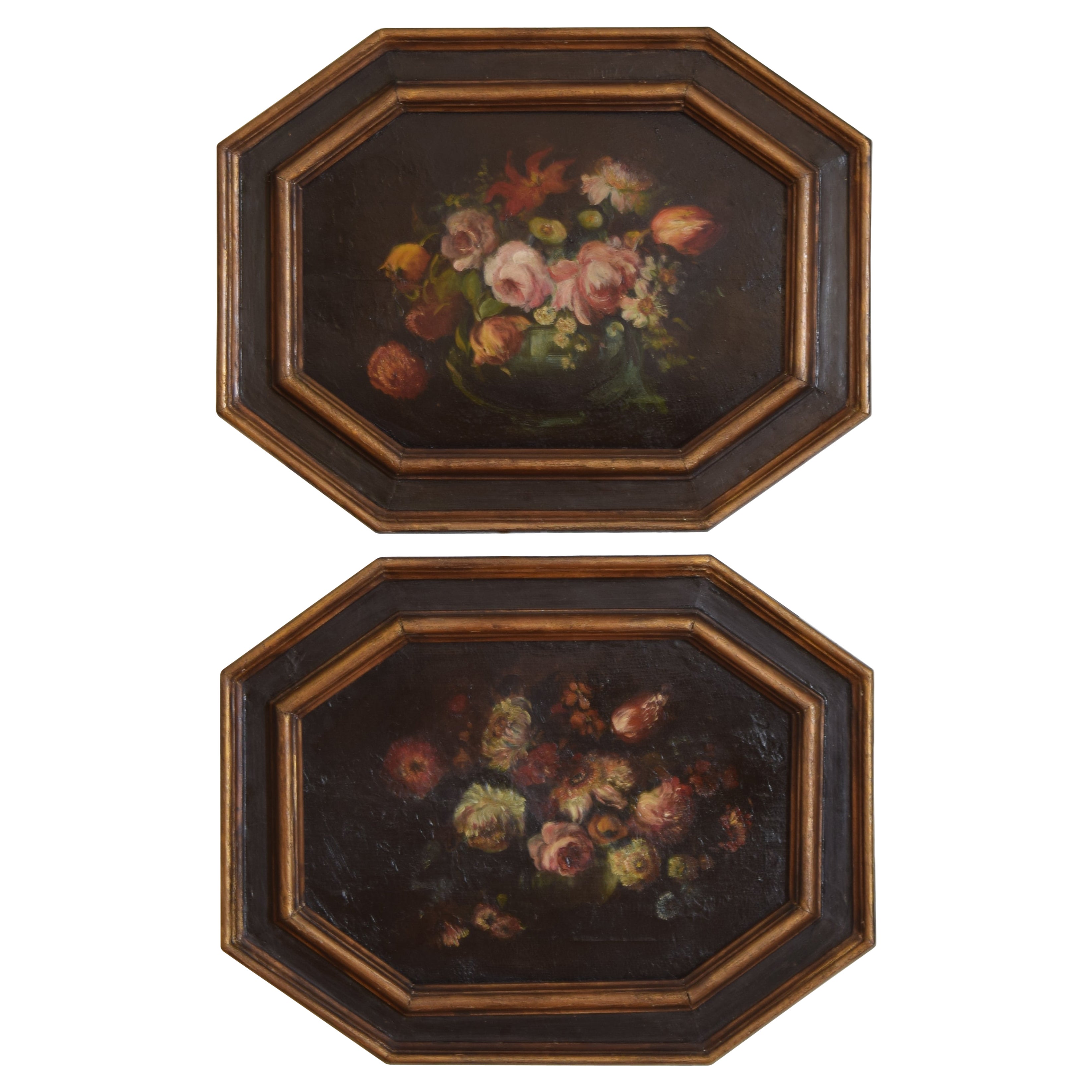 Pair Italian Oils on Canvas, Floral Still Lifes, Period Octagonal Frames, 1850s