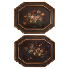 Pareja de óleos italianos sobre lienzo, naturalezas muertas florales, marcos octogonales de época, años 1850