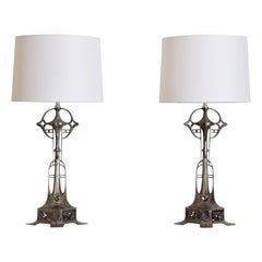 French Art Nouveau Period Pair of Silvered Metal Table Lamps, Late 19th Century