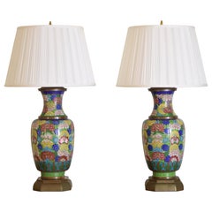 Japanese Pair Cloisonné Table Lamps on Patinated Brass Bases, ca. 1940