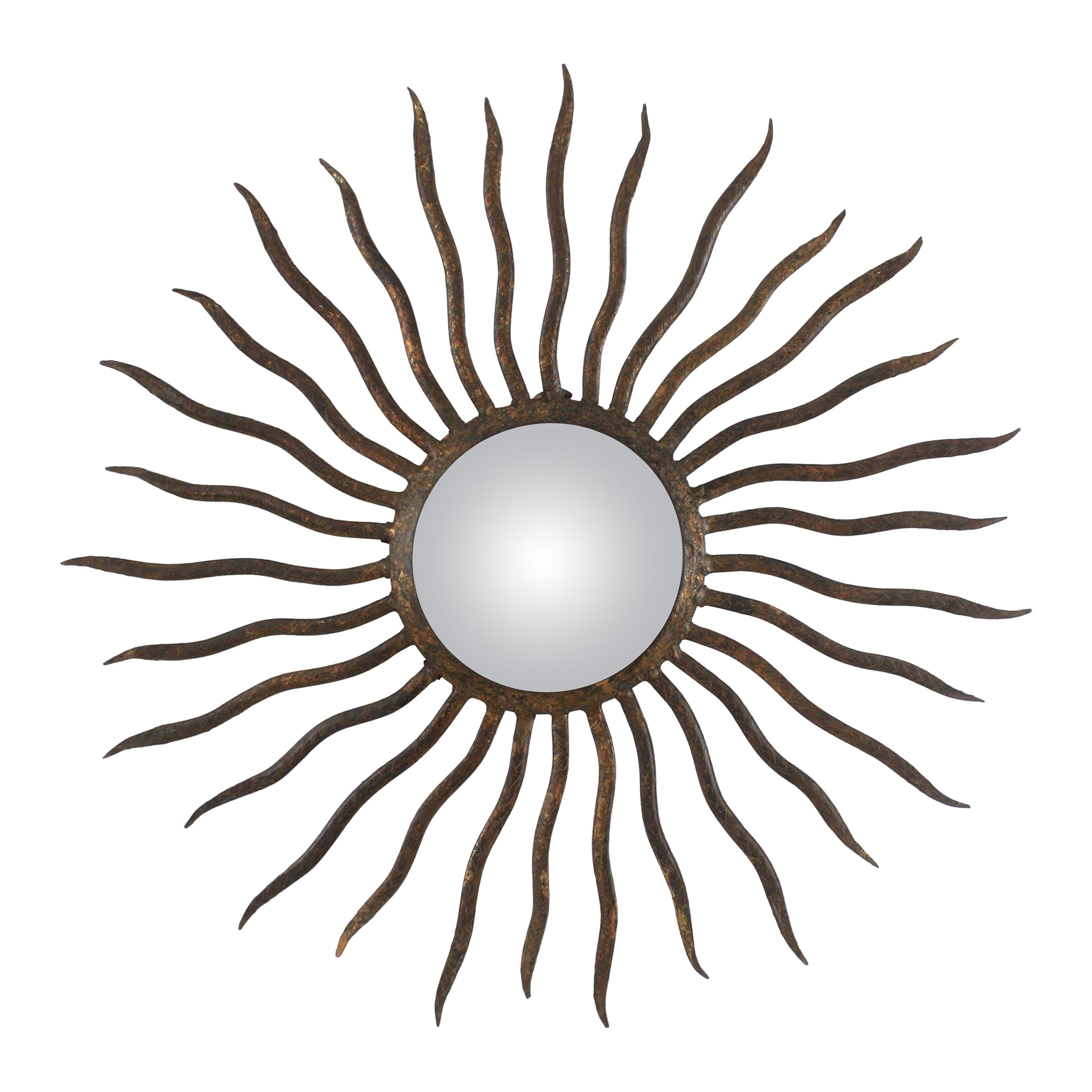 Specchio convesso a raggiera nello stile di Gilbert Poillerat, ferro dorato, anni '40