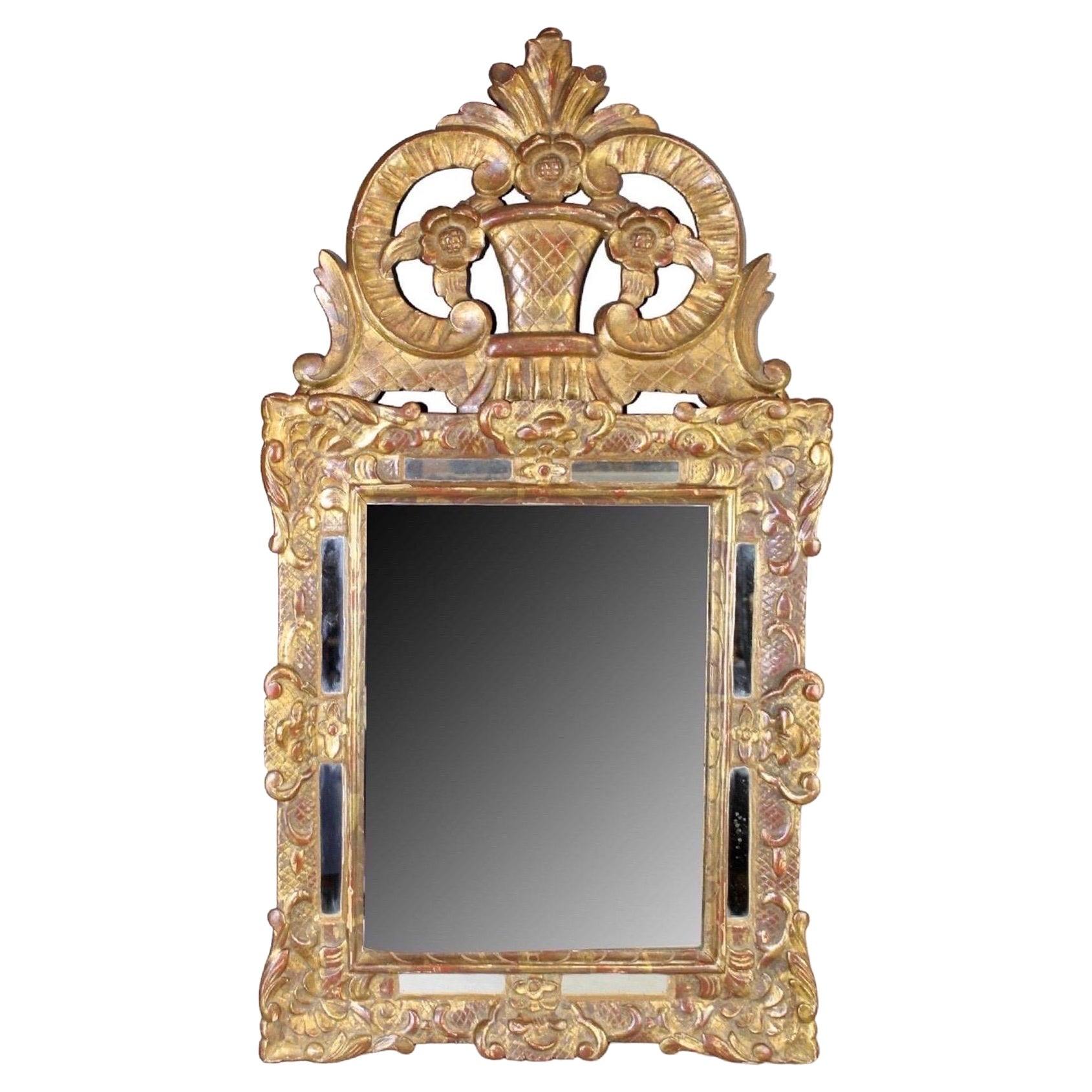 Antique French Louis XIV Style Gold Gilt Mirror with Flower Basket