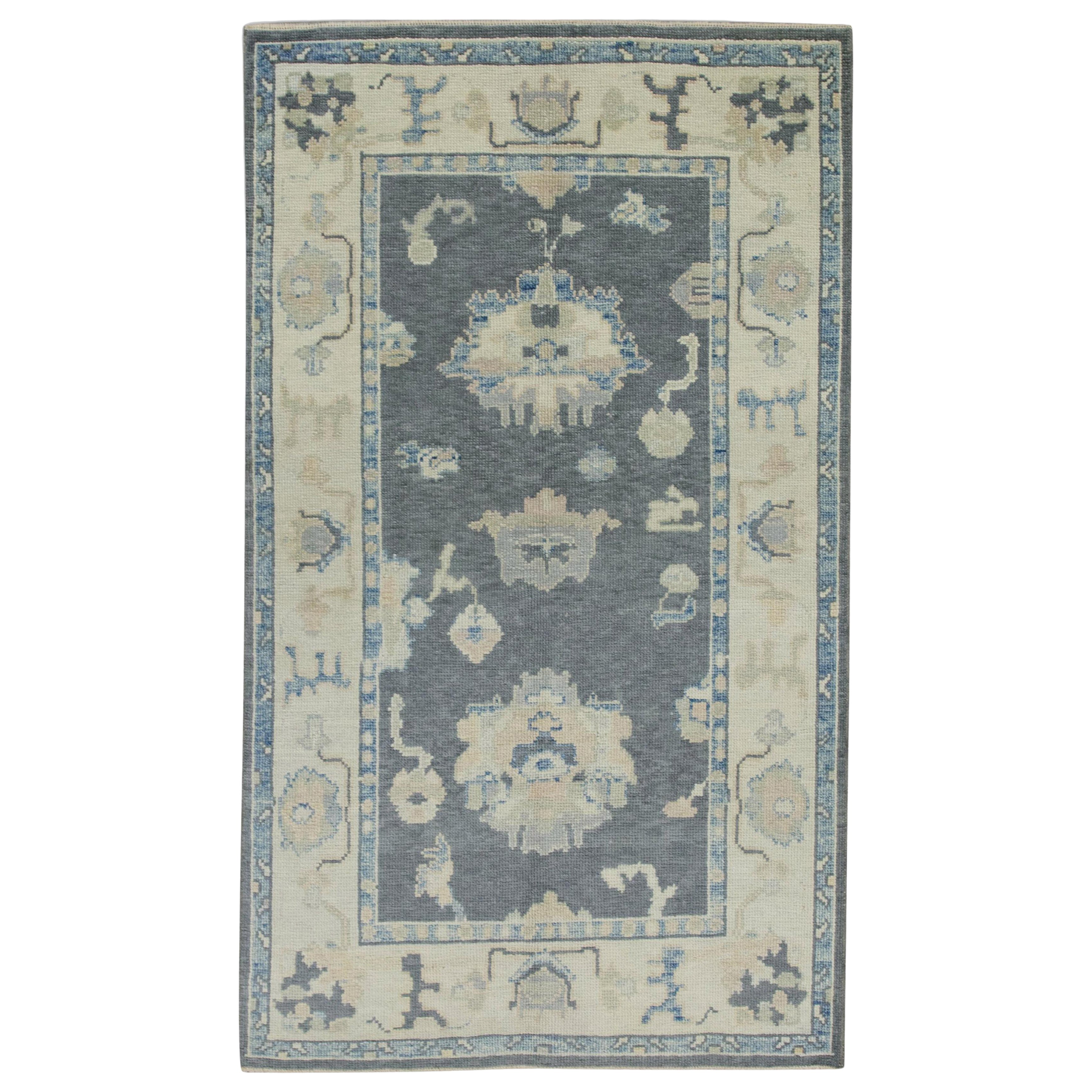 Turkish Oushak Rug Gray Floral Design Handwoven Wool Rug 3'10" x 6'2"