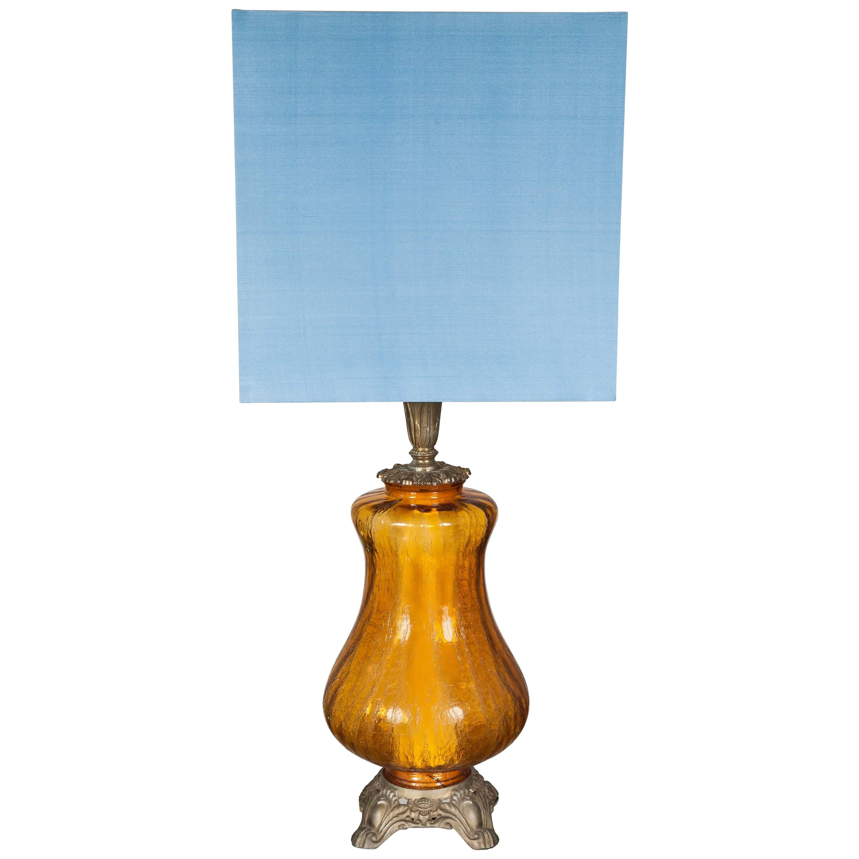 Curved Amber Glass and Brass Lamp Base with Modern Silk Square Blue Shade  For Sale