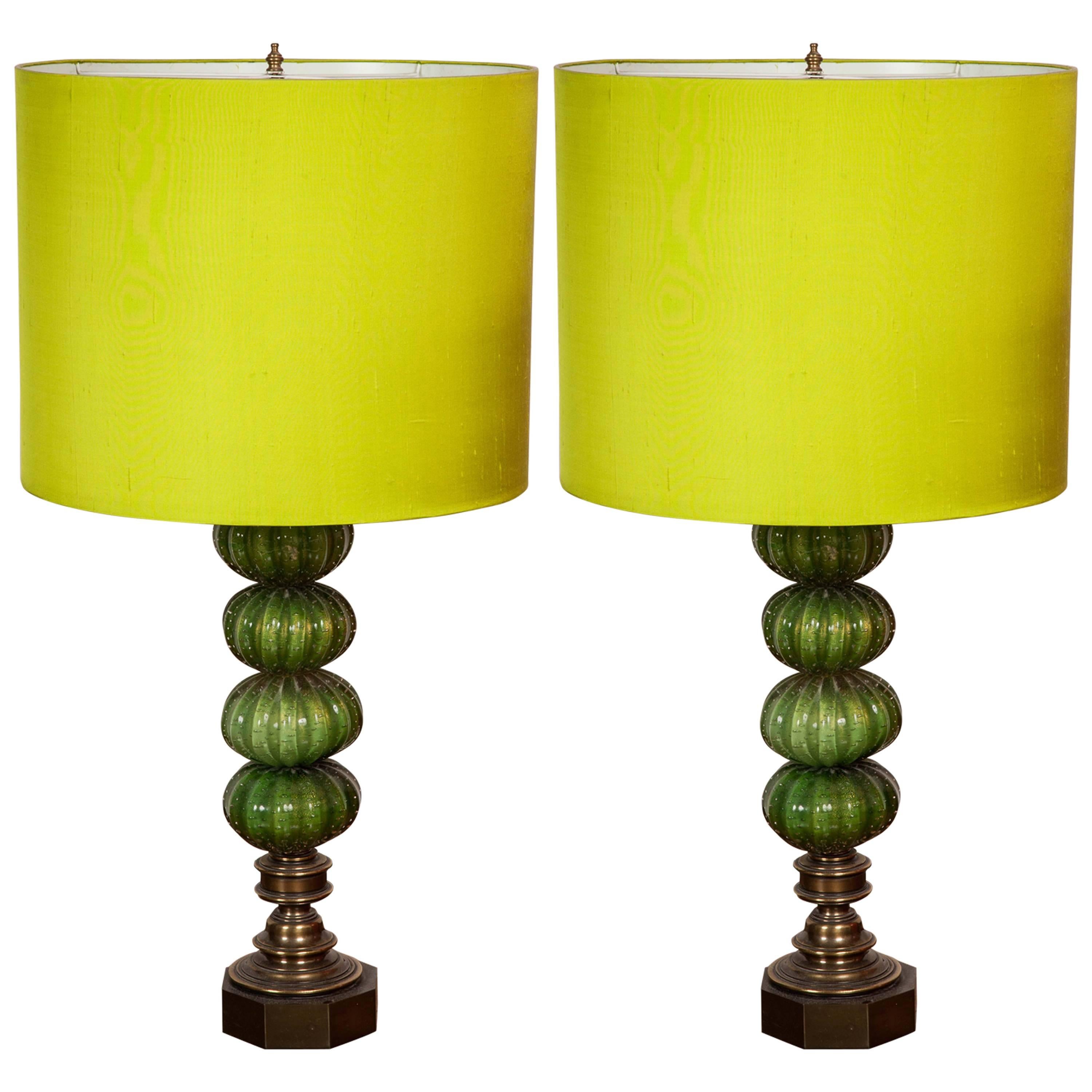 Pair of Green Murano Glass Lamp Bases with Green Shades