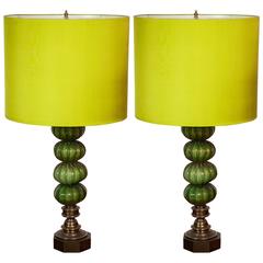 Pair of Green Murano Glass Lamp Bases with Green Shades 9