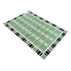 Alfombra de Algodón Hecha a Mano de Tejido Plano, 6x9 Verde, Crema Geométrica India Dhurrie