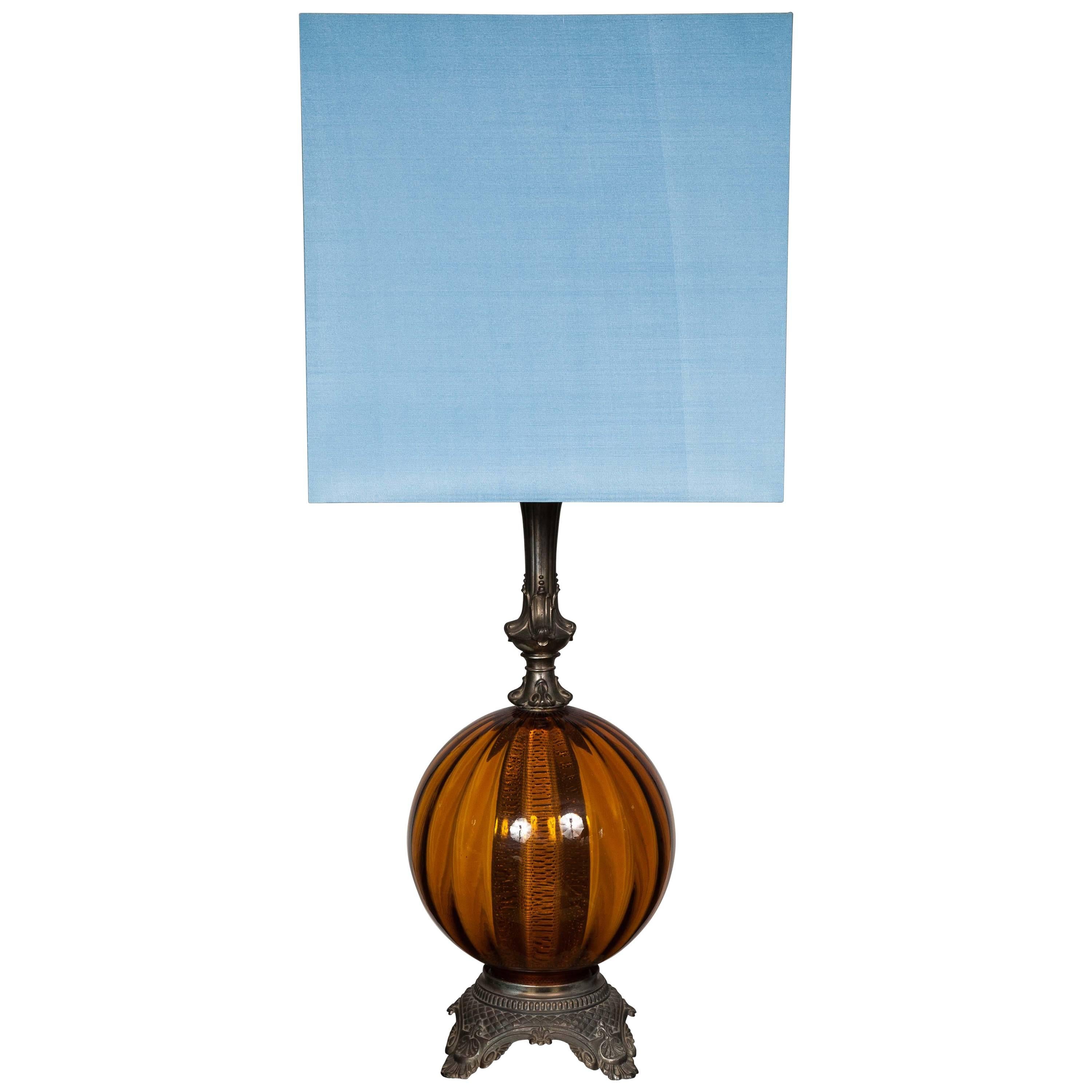 Round Dark Amber Glass Lamp Base with Modern Square Silk Blue Shade