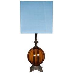Round Dark Amber Glass Lamp Base with Modern Square Silk Blue Shade