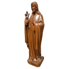 Antique & Stunning, Hand Carved Wood Sacred Heart of Christ Sculpture by Geldorp