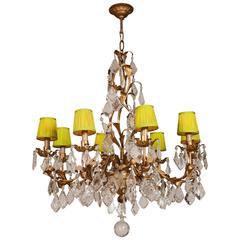 Large Ornate Crystal Drop Chandelier with Green Shades