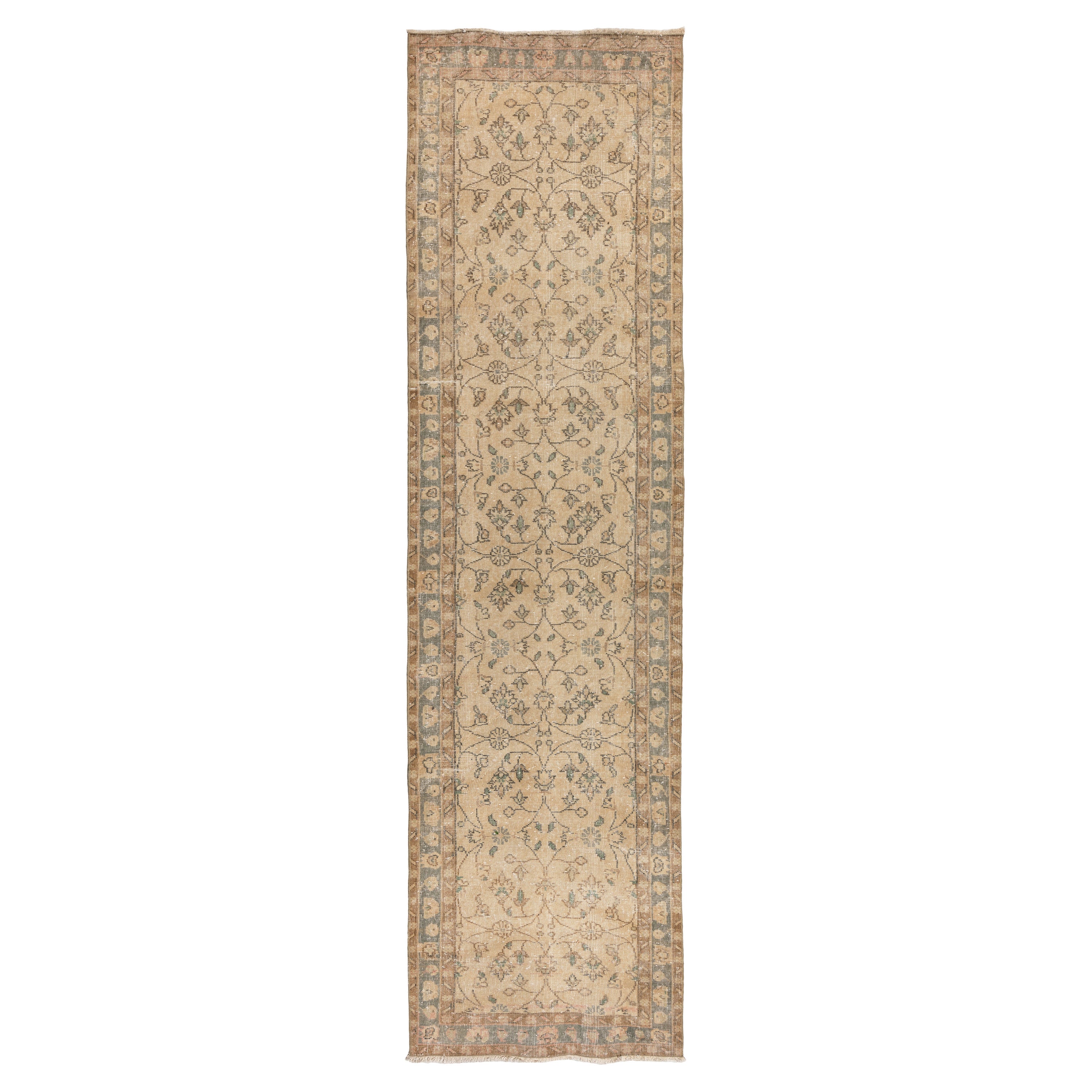 3x11 Ft Vintage Handgefertigter türkischer Vintage-Läufer mit Blumenmuster in Beigefarben