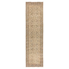 3x11 Ft Vintage Hand-Made Turkish Runner Rug with Floral Design in Beige Color