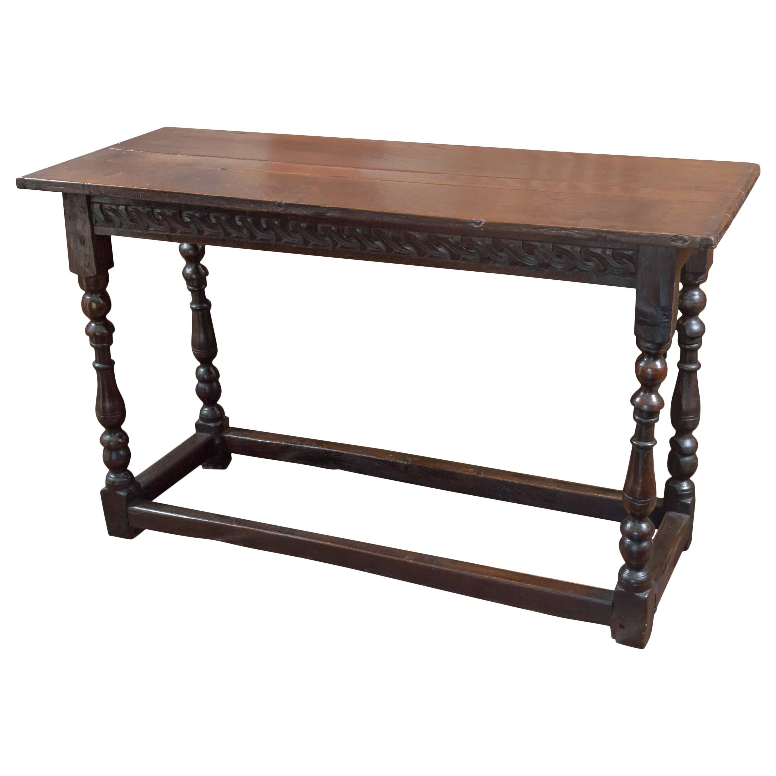 Narrow English Oak Side Table with Carved Apron, circa 1770 For Sale