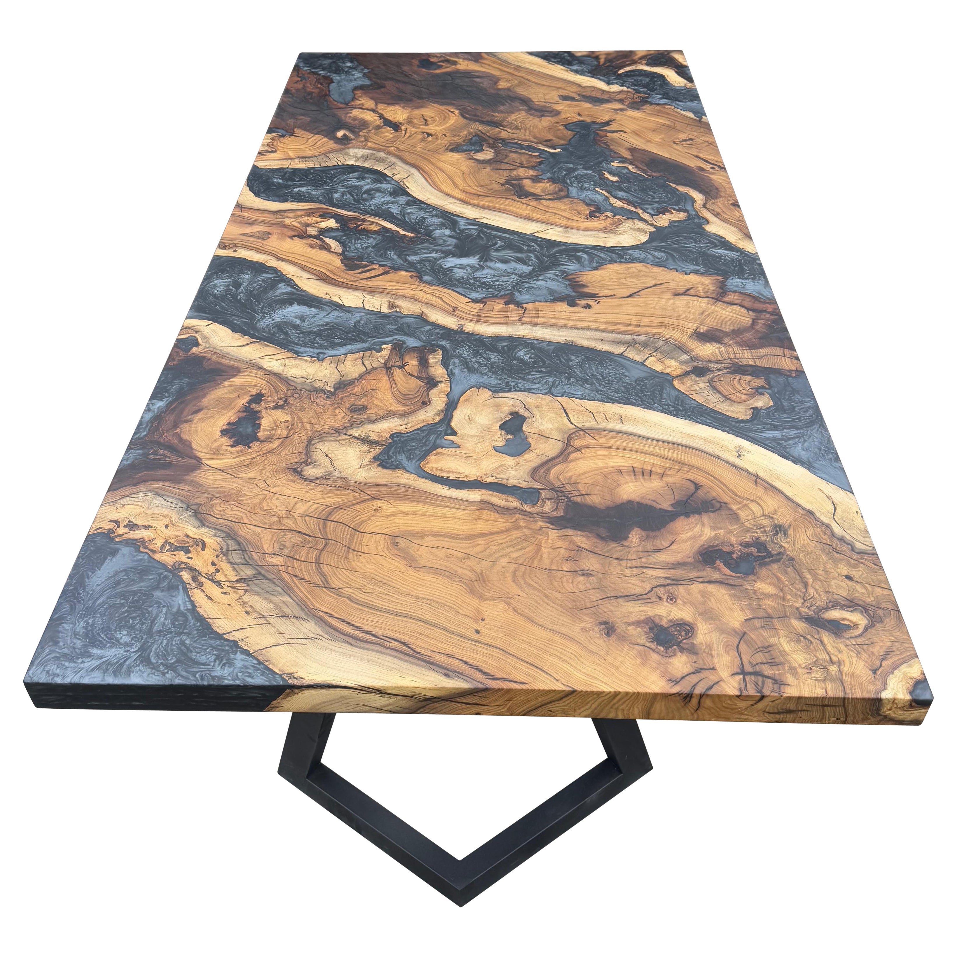 Epoxy Table, Metallic Black Resin Dining Table, Wood River Table For Sale