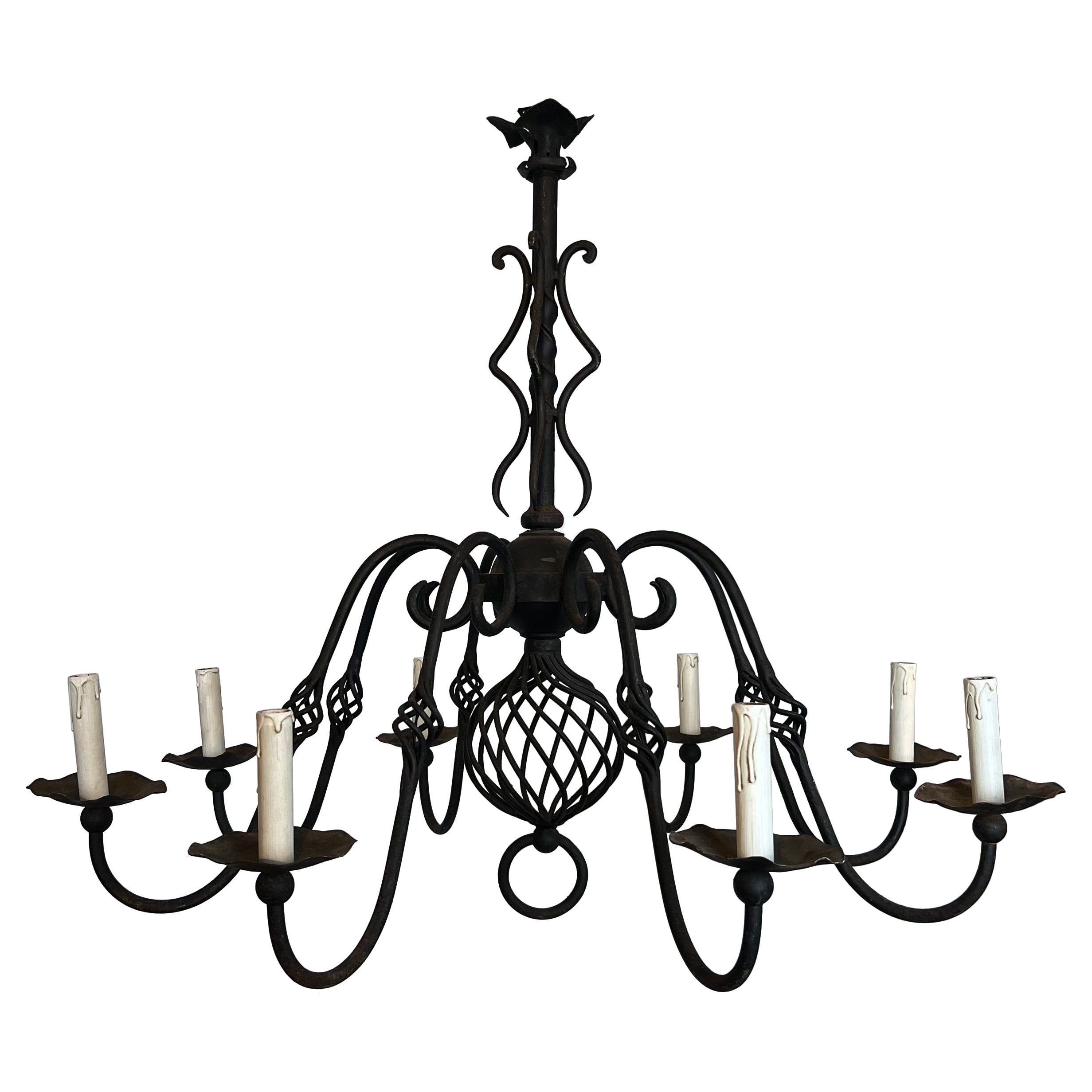 large wrought iron chandelier with 8 lights. French work. Circa 1950