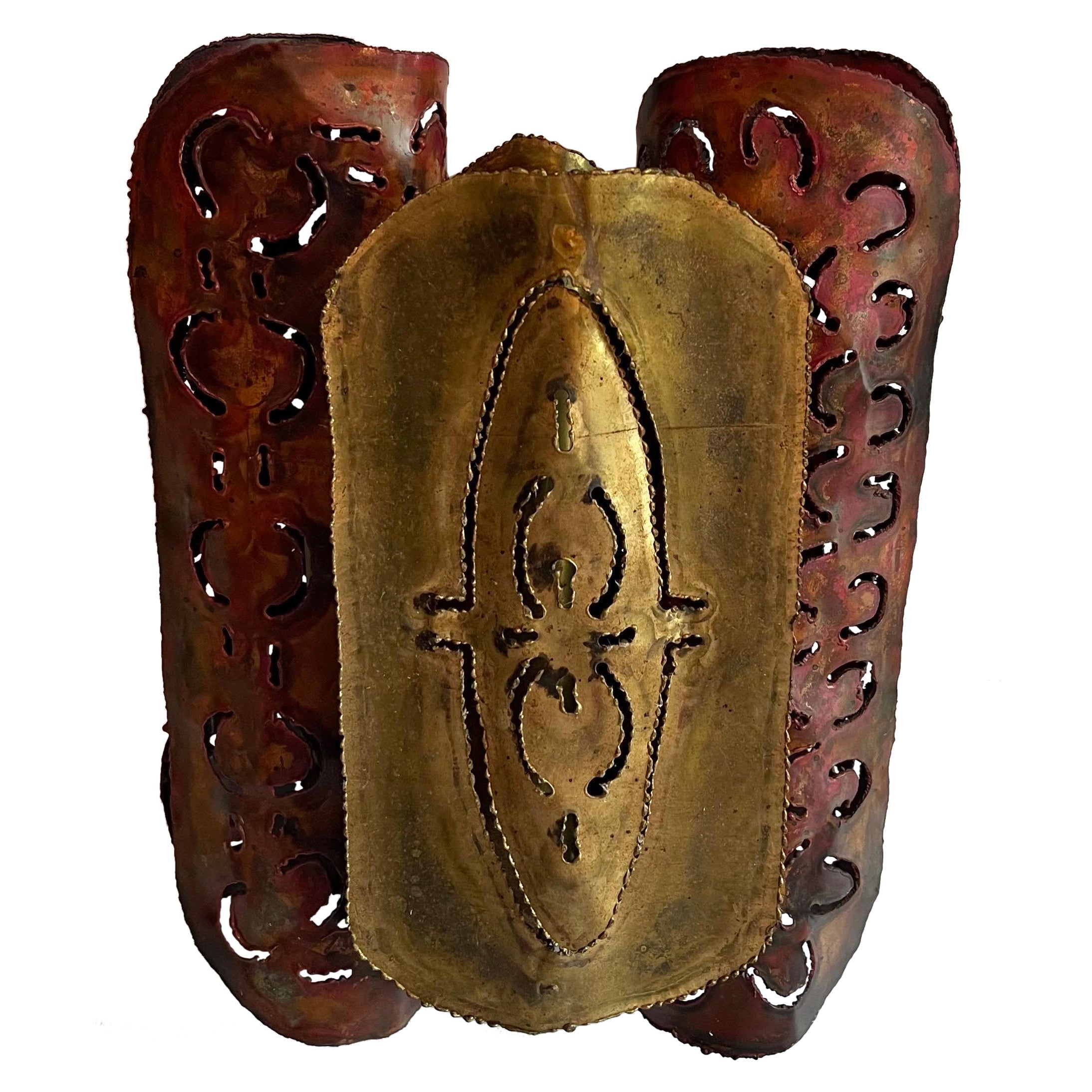 1970s Brutalist Metal Copper & Brass Sconce For Sale